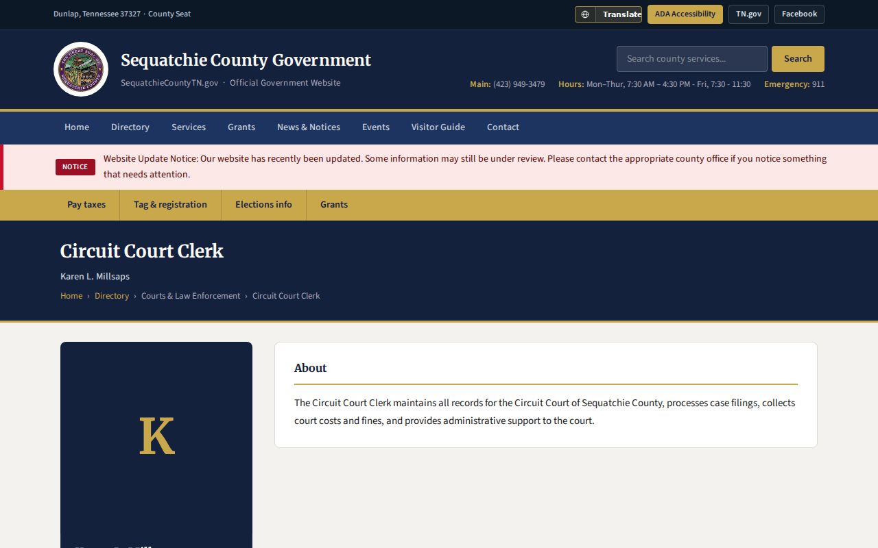 Sequatchie County Circuit Court Clerk profile for criminal court cases