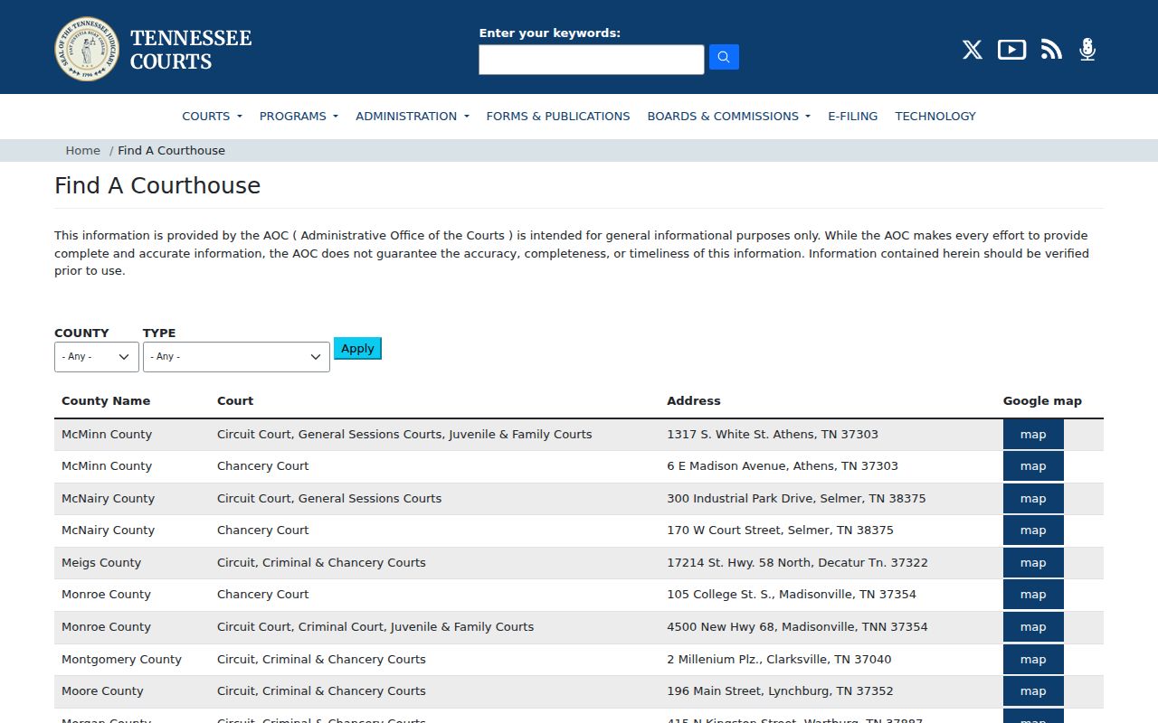 Tennessee court directory for Sequatchie County criminal court cases